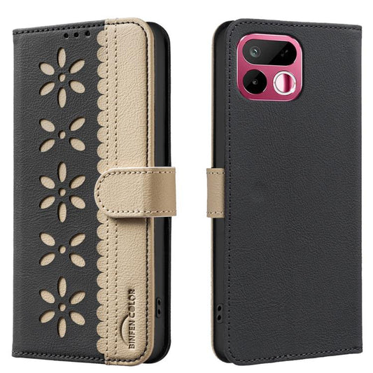 Splicing Color Hollow Flower Pattern RFID Leather Phone Case, For Realme 16T 5G, For Realme 16 5G, For Realme 16 Pro+ 5G, For Realme 16 Pro 5G, For Realme 15 Pro 5G, For Realme 15 5G, For Realme C71 4G Global, For Realme 14X 5G