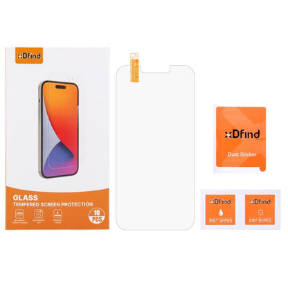 10pcs xDfind 0.26mm 9H 2.5D Middle Aluminum Tempered Glass Film, For iPhone 17e / 16e / 13 / 13 Pro, For iPhone 16 Pro Max, For iPhone 16 Pro, For iPhone 16 Plus, For iPhone 16, For iPhone 15 Plus / 15 Pro Max, For iPhone 15 / 15 Pro, For iPhone 14 Plu...