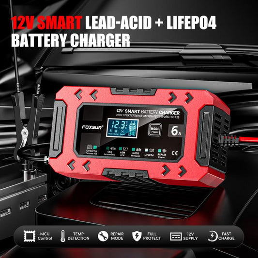Chargeur de batterie multifonction intelligent FOXSUR FBC1206F 12 V 6 A pour voiture et moto, compatible avec les prises UE, US, UK et AU.