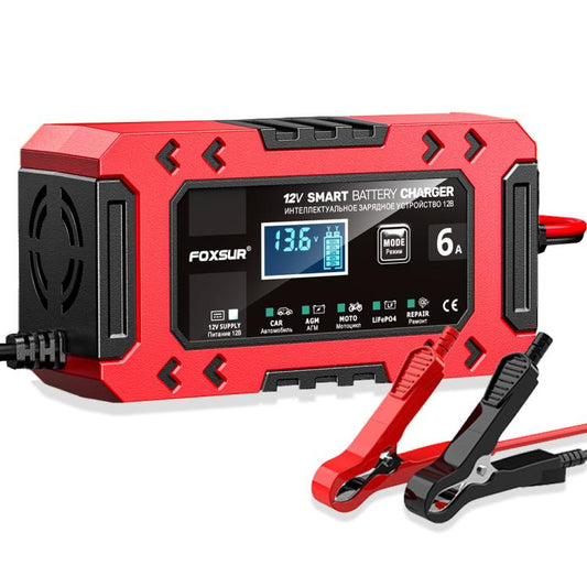 Chargeur de batterie multifonction intelligent FOXSUR FBC1206F 12 V 6 A pour voiture et moto, compatible avec les prises UE, US, UK et AU.