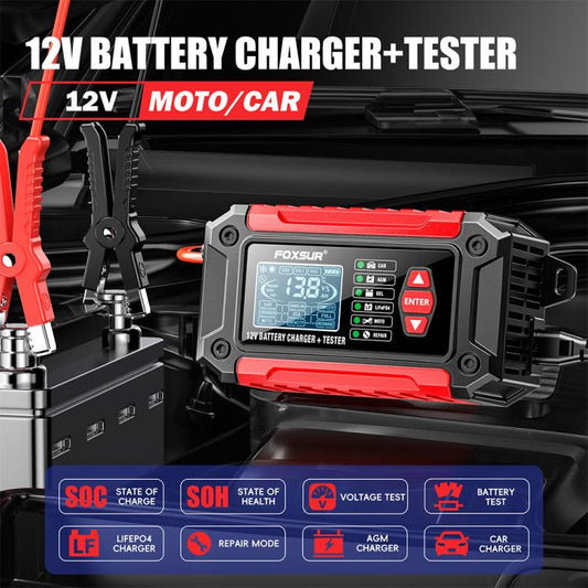 Testeur de charge 2 en 1 FOXSUR FTC-1206 12 V intégré pour batteries de voiture et moto, prises UE, US, UK et AU.