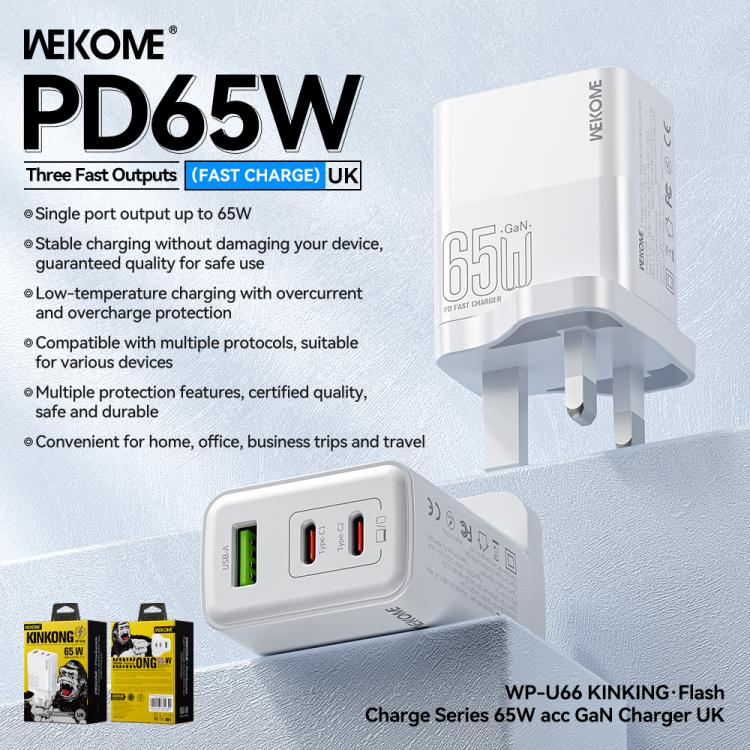 WK WP-U66 Kinkong 65W Dual USB-C / Type-C + USB GaN Fast Charger, UK Plug, US Plug, EU Plug