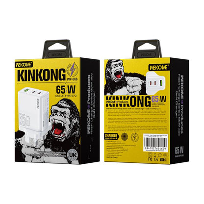 WK WP-U66 Kinkong 65W Dual USB-C / Type-C + USB GaN Fast Charger, UK Plug, US Plug, EU Plug