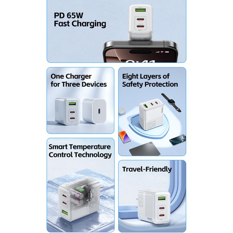 WK WP-U66 Kinkong 65W Dual USB-C / Type-C + USB GaN Fast Charger, UK Plug, US Plug, EU Plug