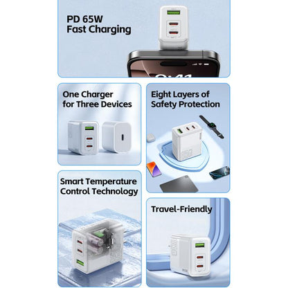 WK WP-U66 Kinkong 65W Dual USB-C / Type-C + USB GaN Fast Charger, UK Plug, US Plug, EU Plug