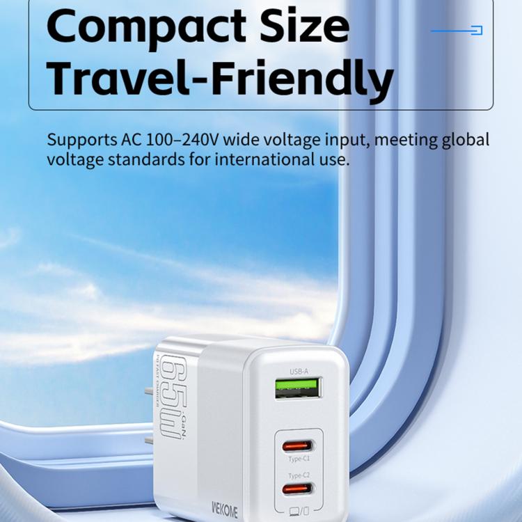 WK WP-U66 Kinkong 65W Dual USB-C / Type-C + USB GaN Fast Charger, UK Plug, US Plug, EU Plug