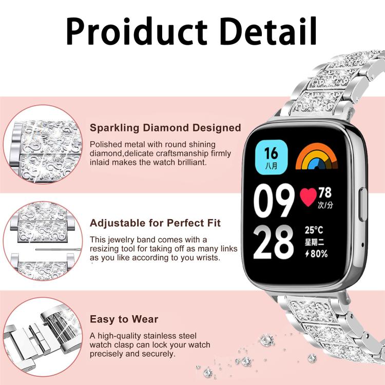 xDfind Diamond Jewelry Stainless Steel Watch Band, For Xiaomi Smart Band 11 / 10 / 9 / 8, For Xiaomi Band 10 Pro / 9 Pro / Redmi Watch 6, For Redmi Watch 3 Active / Lite 20mm, For Redmi Watch 3 20mm
