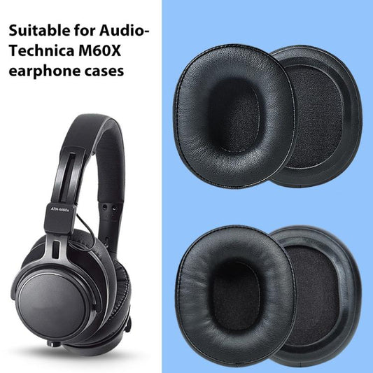 2pcs Sponge Earmuffs Replacement Earpads For Audio Technica ATH-M60X, Black Protein Leather, Black Lambskin