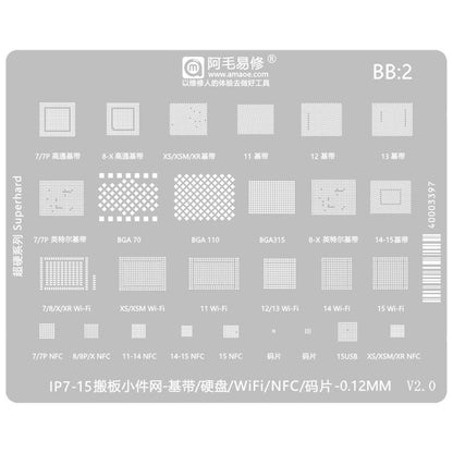 AMAOE 0.12mm Reballing Stencil, For iPhone 16 Series, For iPhone 15 Series, For iPhone 6-15 Series Baseband, For iPhone 7-15 Series, For iPhone 14 Series, For WiFi Comprehensive, For Face ID IC