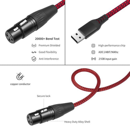 USB-A to XLR Female Audio Recording Cable for Dynamic Microphone, 1m, 2m, 3m
