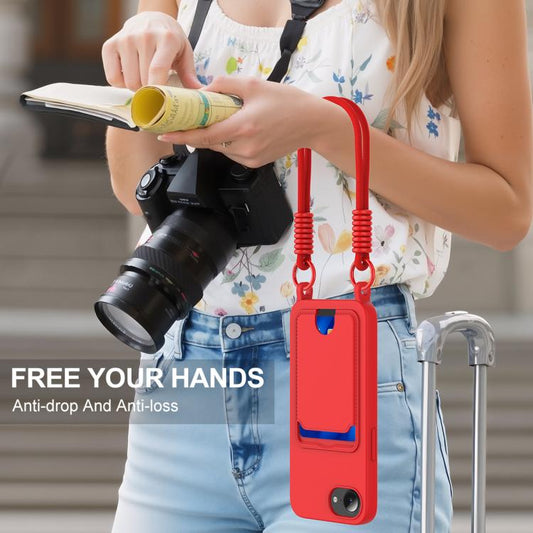 Integrated Card Bag Solid Color Liquid Silicone Phone Case Gen2 with Short Lanyard, For iPhone 17e / 16e, For iPhone 17 Pro Max, For iPhone 17 Pro, For iPhone 17, For iPhone Air, For iPhone 16 Pro Max, For iPhone 16 Pro, For iPhone 16 Plus, For iPhone ...