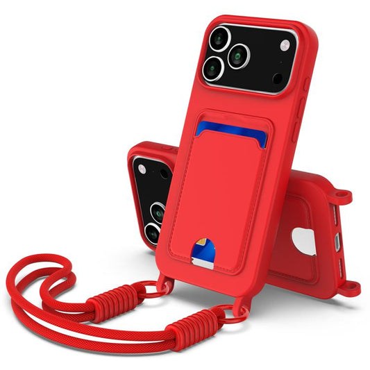 Integrated Card Bag Solid Color Liquid Silicone Phone Case Gen2 with Short Lanyard, For iPhone 18 Pro / 17 Pro, For iPhone 18 Pro Max / 17 Pro Max, For iPhone 17e / 16e, For iPhone 17, For iPhone Air, For iPhone 16 Pro Max, For iPhone 16 Pro