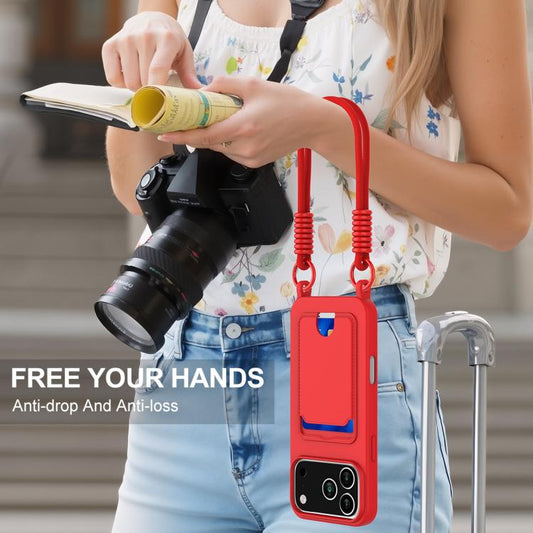Integrated Card Bag Solid Color Liquid Silicone Phone Case Gen2 with Short Lanyard, For iPhone 18 Pro / 17 Pro, For iPhone 18 Pro Max / 17 Pro Max, For iPhone 17e / 16e, For iPhone 17, For iPhone Air, For iPhone 16 Pro Max, For iPhone 16 Pro           ...
