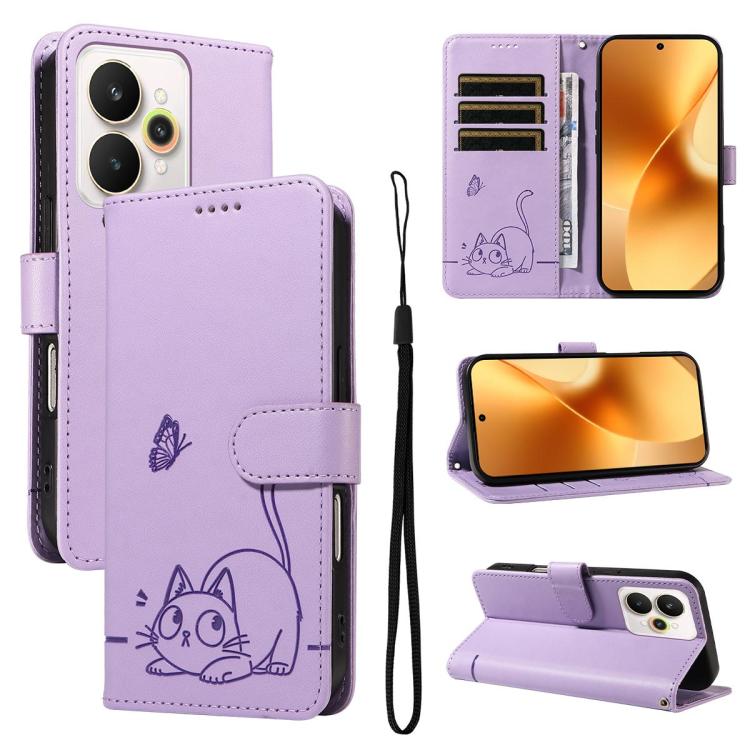 Adorable Cat Embossed Pattern Flip Leather Phone Case, For Realme C85 5G / 15X 5G India, For Realme C85 Pro 4G, For Realme 15T 5G, For Realme C71 4G India, For Realme 15 5G, For Realme 14x 5G Global