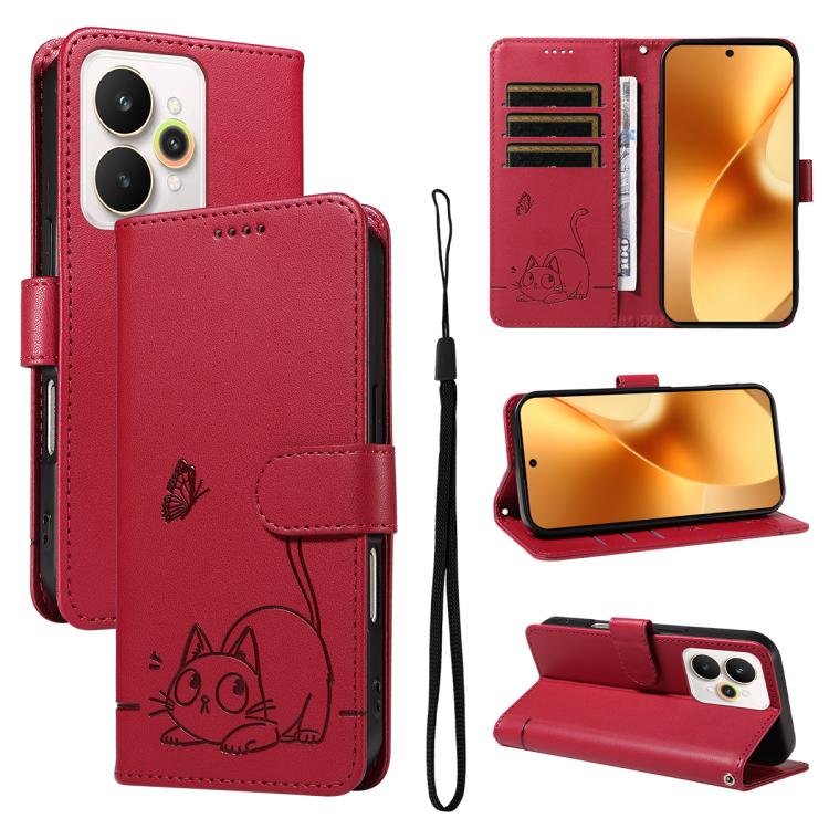 Adorable Cat Embossed Pattern Flip Leather Phone Case, For Realme C85 5G / 15X 5G India, For Realme C85 Pro 4G, For Realme 15T 5G, For Realme C71 4G India, For Realme 15 5G, For Realme 14x 5G Global