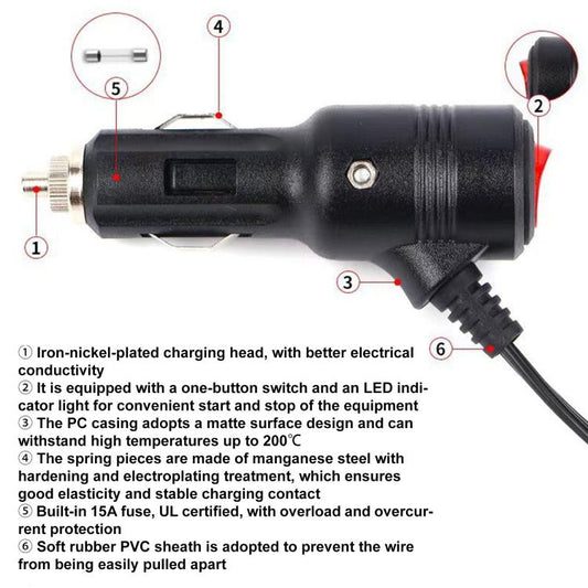 Cable de extensión para encendedor de cigarrillos de coche 2 en 1 de 12V-24V con interruptor, 0.2 m