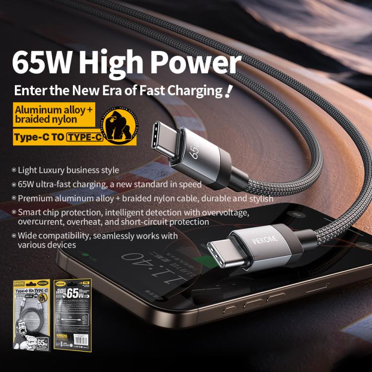 WK WDC-98 Kingkong Ruike Series 65W USB-C / Type-C to USB-C / Type-C Braided Charging Data Cable, Length: 1m, Type-C to Type-C