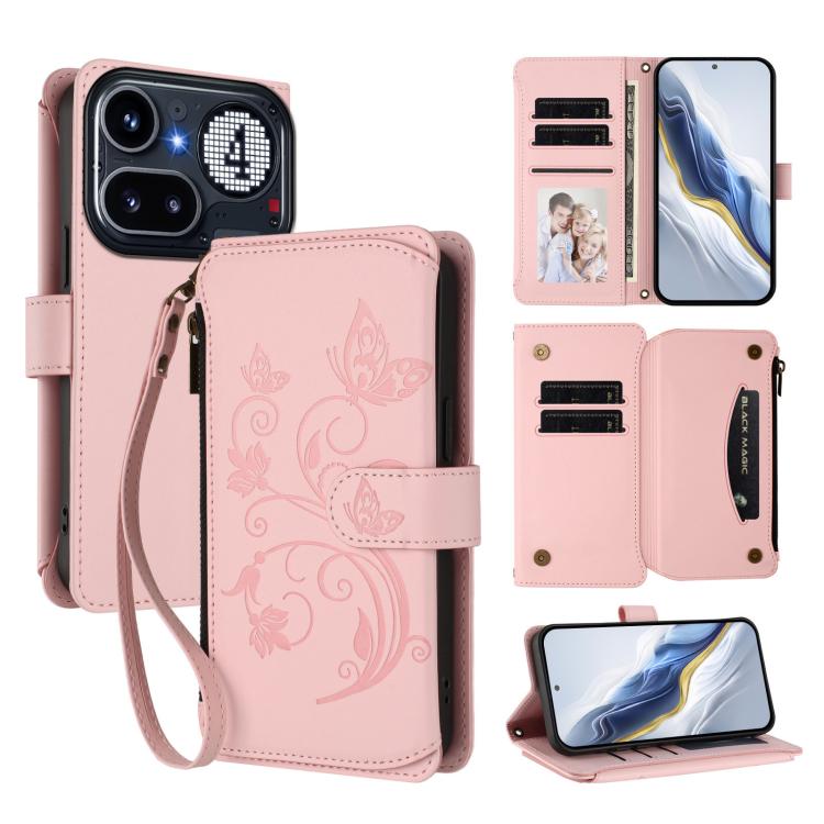 Butterfly Love Flower Multi-card Zipper Wallet Leather Phone Case, For Nothing Phone 4a Pro, For Nothing Phone 4a, For Nothing CMF Phone 2 Pro, For Nothing Phone 3a, For Nothing Phone 3a Pro, For Nothing CMF Phone 1, For Nothing Phone 2a