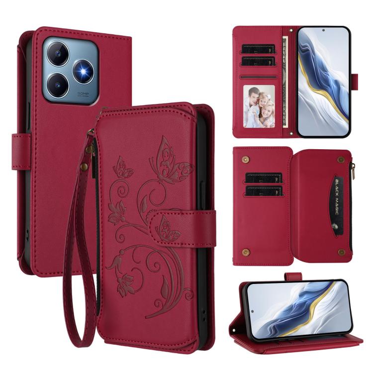Butterfly Love Flower Multi-card Zipper Wallet Leather Phone Case, For Realme C75 4G Global / 14x 5G India, For Realme 14 Pro+ 5G, For Realme 14 Pro+ 5G Global, For Realme 14 Pro 5G India, For Realme GT 7 Pro 5G / GT7 Pro Racing, For Realme C63 5G Glob...