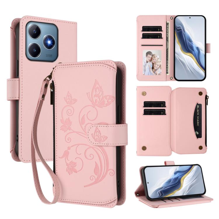 Butterfly Love Flower Multi-card Zipper Wallet Leather Phone Case, For Realme C75 4G Global / 14x 5G India, For Realme 14 Pro+ 5G, For Realme 14 Pro+ 5G Global, For Realme 14 Pro 5G India, For Realme GT 7 Pro 5G / GT7 Pro Racing, For Realme C63 5G Glob...