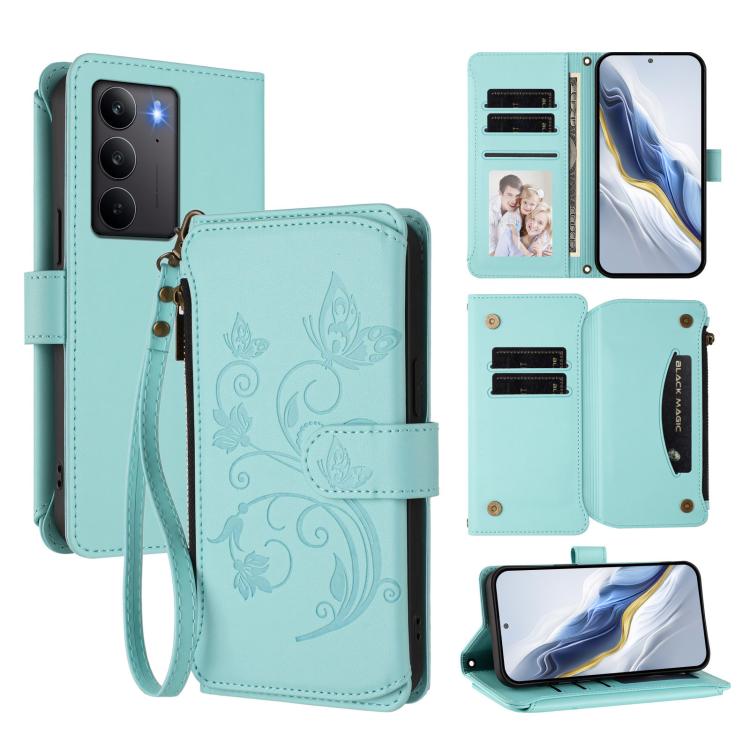 Butterfly Love Flower Multi-card Zipper Wallet Leather Phone Case, For Realme C75 4G Global / 14x 5G India, For Realme 14 Pro+ 5G, For Realme 14 Pro+ 5G Global, For Realme 14 Pro 5G India, For Realme GT 7 Pro 5G / GT7 Pro Racing, For Realme C63 5G Glob...