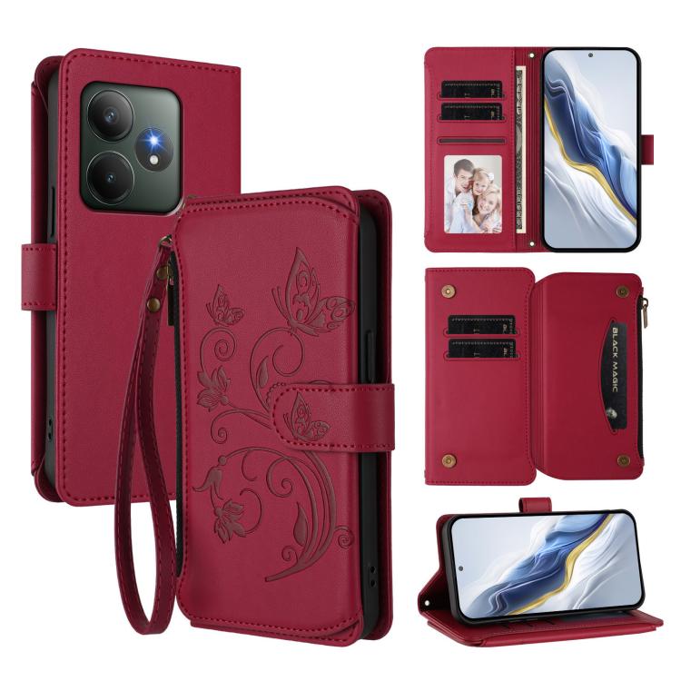 Butterfly Love Flower Multi-card Zipper Wallet Leather Phone Case, For Realme C75 4G Global / 14x 5G India, For Realme 14 Pro+ 5G, For Realme 14 Pro+ 5G Global, For Realme 14 Pro 5G India, For Realme GT 7 Pro 5G / GT7 Pro Racing, For Realme C63 5G Glob...