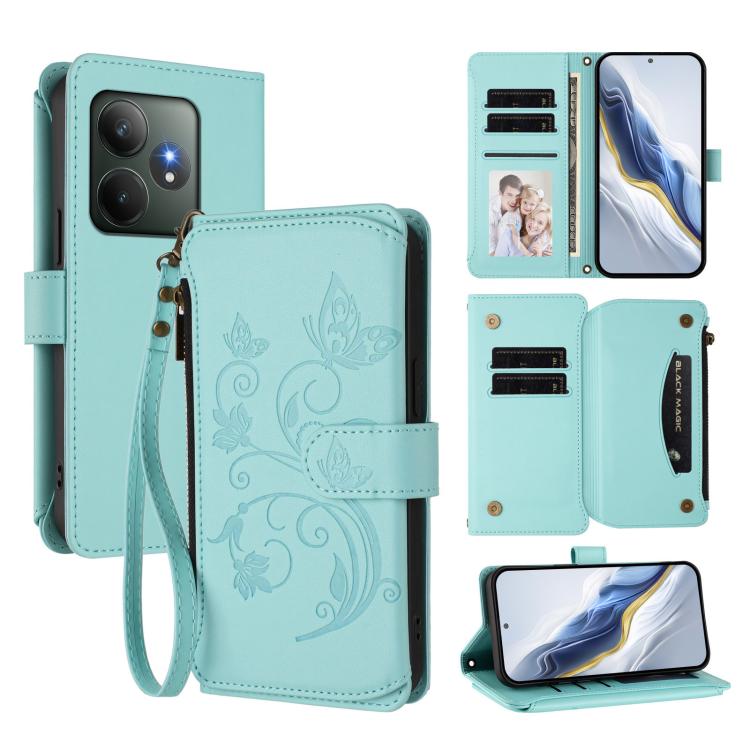 Butterfly Love Flower Multi-card Zipper Wallet Leather Phone Case, For Realme C75 4G Global / 14x 5G India, For Realme 14 Pro+ 5G, For Realme 14 Pro+ 5G Global, For Realme 14 Pro 5G India, For Realme GT 7 Pro 5G / GT7 Pro Racing, For Realme C63 5G Glob...