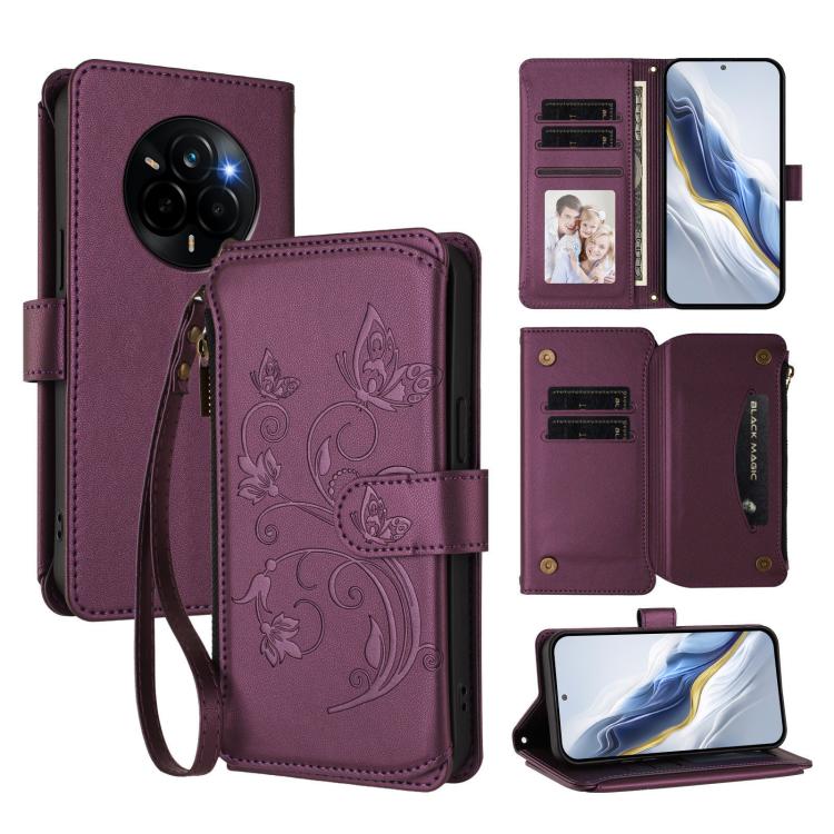 Butterfly Love Flower Multi-card Zipper Wallet Leather Phone Case, For Realme P4x 5G / OnePlus Nord CE6 Lite, For Realme 16T 5G Global, For Realme C100 / C85 5G Global / 15X 5G, For Realme P4 Power 4G, For Realme Note 80 4G Global, For Realme 16 5G Glo...