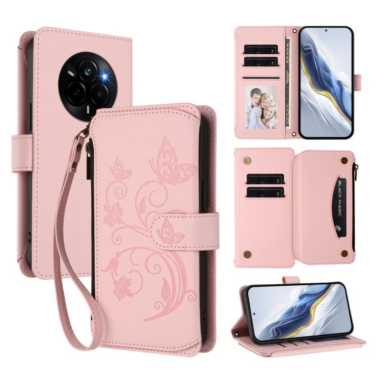 Butterfly Love Flower Multi-card Zipper Wallet Leather Phone Case, For Realme P4x 5G / OnePlus Nord CE6 Lite, For Realme 16T 5G Global, For Realme C100 / C85 5G Global / 15X 5G, For Realme P4 Power 4G, For Realme Note 80 4G Global, For Realme 16 5G Glo...