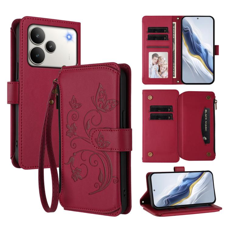 Butterfly Love Flower Multi-card Zipper Wallet Leather Phone Case, For Realme P4x 5G / OnePlus Nord CE6 Lite, For Realme 16T 5G Global, For Realme C100 / C85 5G Global / 15X 5G, For Realme P4 Power 4G, For Realme Note 80 4G Global, For Realme 16 5G Glo...