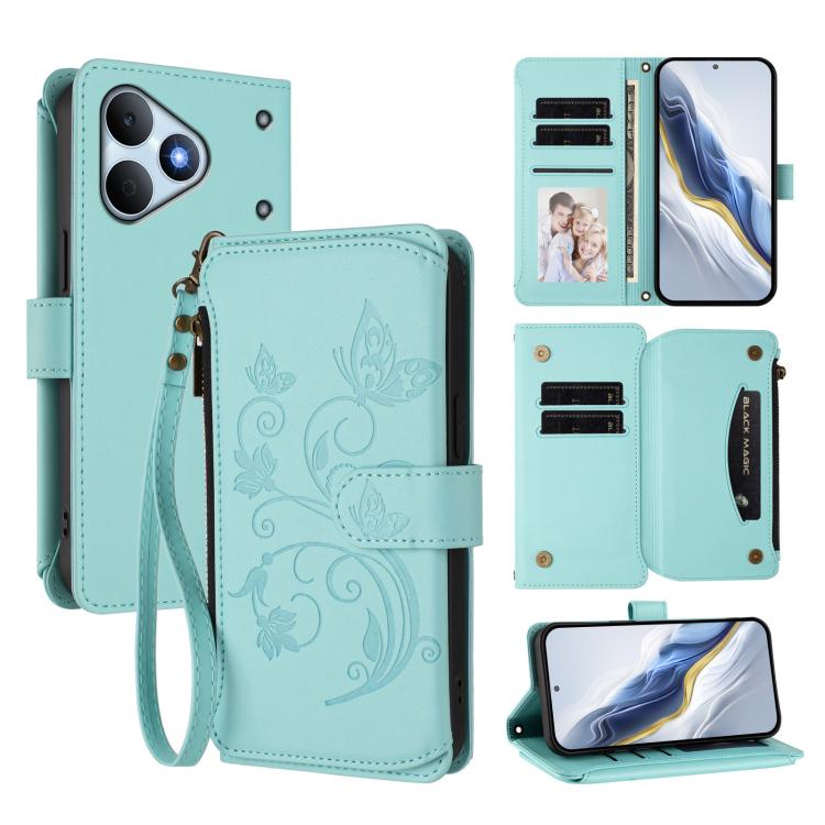Butterfly Love Flower Multi-card Zipper Wallet Leather Phone Case, For Realme P4x 5G / OnePlus Nord CE6 Lite, For Realme 16T 5G Global, For Realme C100 / C85 5G Global / 15X 5G, For Realme P4 Power 4G, For Realme Note 80 4G Global, For Realme 16 5G Glo...