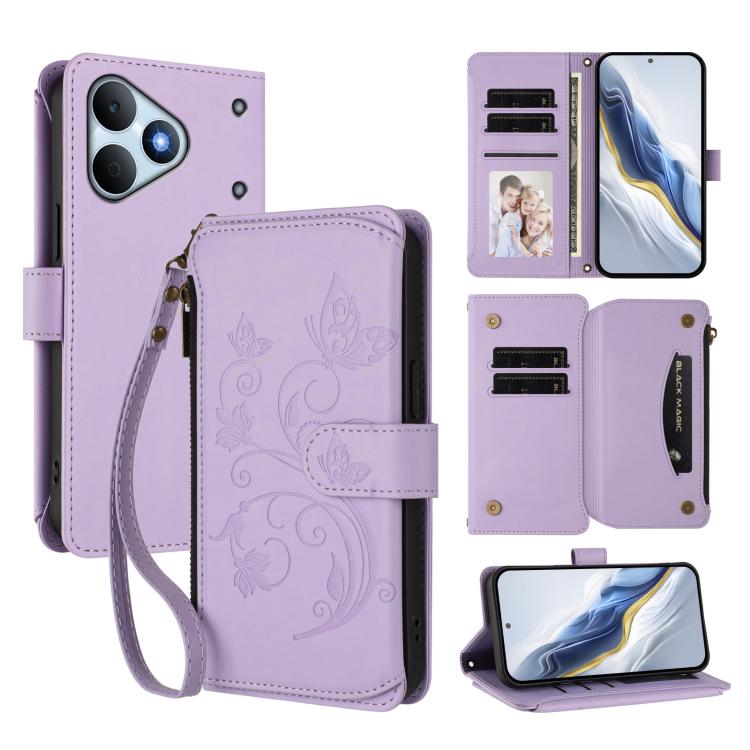 Butterfly Love Flower Multi-card Zipper Wallet Leather Phone Case, For Realme P4x 5G / OnePlus Nord CE6 Lite, For Realme 16T 5G Global, For Realme C100 / C85 5G Global / 15X 5G, For Realme P4 Power 4G, For Realme Note 80 4G Global, For Realme 16 5G Glo...