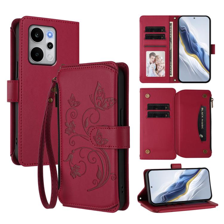 Butterfly Love Flower Multi-card Zipper Wallet Leather Phone Case, For Realme P4x 5G / OnePlus Nord CE6 Lite, For Realme 16T 5G Global, For Realme C100 / C85 5G Global / 15X 5G, For Realme P4 Power 4G, For Realme Note 80 4G Global, For Realme 16 5G Glo...