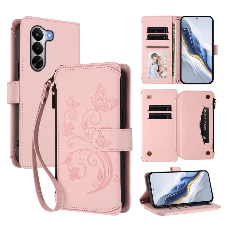 Butterfly Love Flower Multi-card Zipper Wallet Leather Phone Case, For Realme P4x 5G / OnePlus Nord CE6 Lite, For Realme 16T 5G Global, For Realme C100 / C85 5G Global / 15X 5G, For Realme P4 Power 4G, For Realme Note 80 4G Global, For Realme 16 5G Glo...
