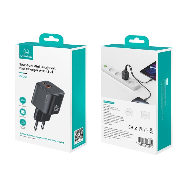 USAMS CC263 30W GaN USB-C / Type-C, USB Dual-port Mini Fast Charger, CC263