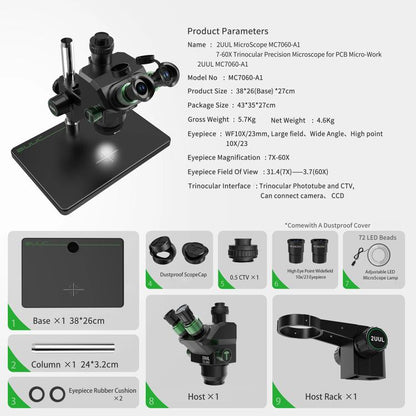2uul MC7060-A1 7-60X Synchronous Zoom Trinocular Microscope