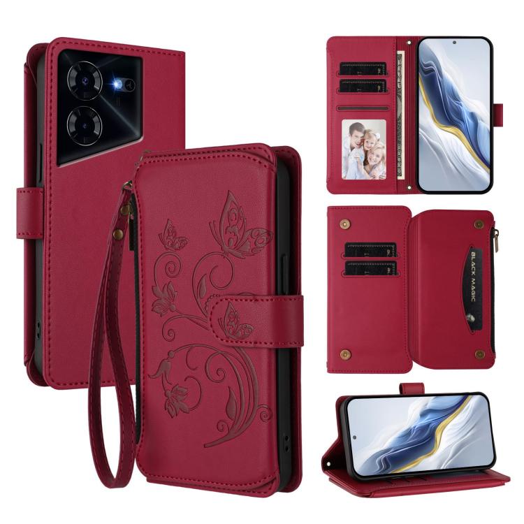 Butterfly Love Flower Multi-card Zipper Wallet Leather Phone Case, For Tecno Camon 30 4G / 5G, For Tecno Spark 20 Pro+ 4G, For Tecno Spark GO 2024 4G / 20 4G, For Tecno Pova 5 Pro 5G, For Tecno Pova Neo 3, For Tecno Pova 5, For Tecno Camon 20 Premier 5...