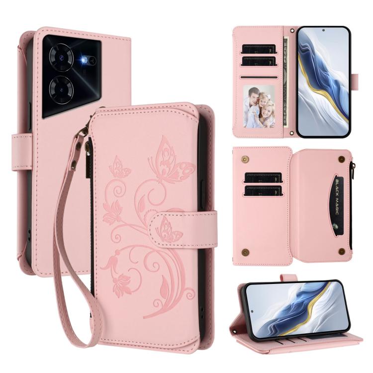 Butterfly Love Flower Multi-card Zipper Wallet Leather Phone Case, For Tecno Camon 30 4G / 5G, For Tecno Spark 20 Pro+ 4G, For Tecno Spark GO 2024 4G / 20 4G, For Tecno Pova 5 Pro 5G, For Tecno Pova Neo 3, For Tecno Pova 5, For Tecno Camon 20 Premier 5...