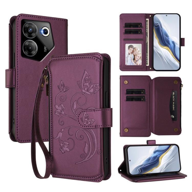 Butterfly Love Flower Multi-card Zipper Wallet Leather Phone Case, For Tecno Camon 30 4G / 5G, For Tecno Spark 20 Pro+ 4G, For Tecno Spark GO 2024 4G / 20 4G, For Tecno Pova 5 Pro 5G, For Tecno Pova Neo 3, For Tecno Pova 5, For Tecno Camon 20 Premier 5...