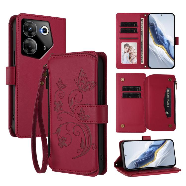 Butterfly Love Flower Multi-card Zipper Wallet Leather Phone Case, For Tecno Camon 30 4G / 5G, For Tecno Spark 20 Pro+ 4G, For Tecno Spark GO 2024 4G / 20 4G, For Tecno Pova 5 Pro 5G, For Tecno Pova Neo 3, For Tecno Pova 5, For Tecno Camon 20 Premier 5...