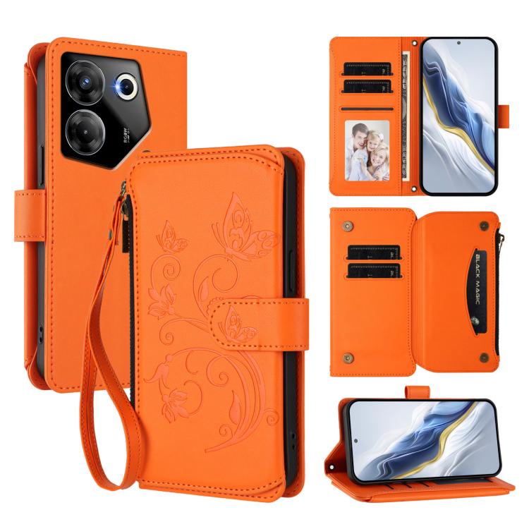 Butterfly Love Flower Multi-card Zipper Wallet Leather Phone Case, For Tecno Camon 30 4G / 5G, For Tecno Spark 20 Pro+ 4G, For Tecno Spark GO 2024 4G / 20 4G, For Tecno Pova 5 Pro 5G, For Tecno Pova Neo 3, For Tecno Pova 5, For Tecno Camon 20 Premier 5...