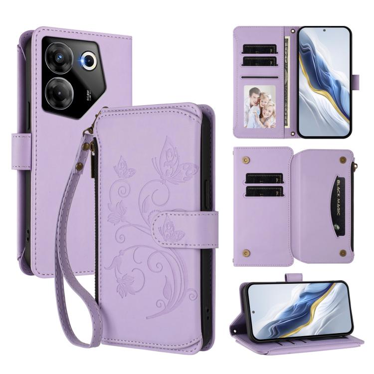 Butterfly Love Flower Multi-card Zipper Wallet Leather Phone Case, For Tecno Camon 30 4G / 5G, For Tecno Spark 20 Pro+ 4G, For Tecno Spark GO 2024 4G / 20 4G, For Tecno Pova 5 Pro 5G, For Tecno Pova Neo 3, For Tecno Pova 5, For Tecno Camon 20 Premier 5...