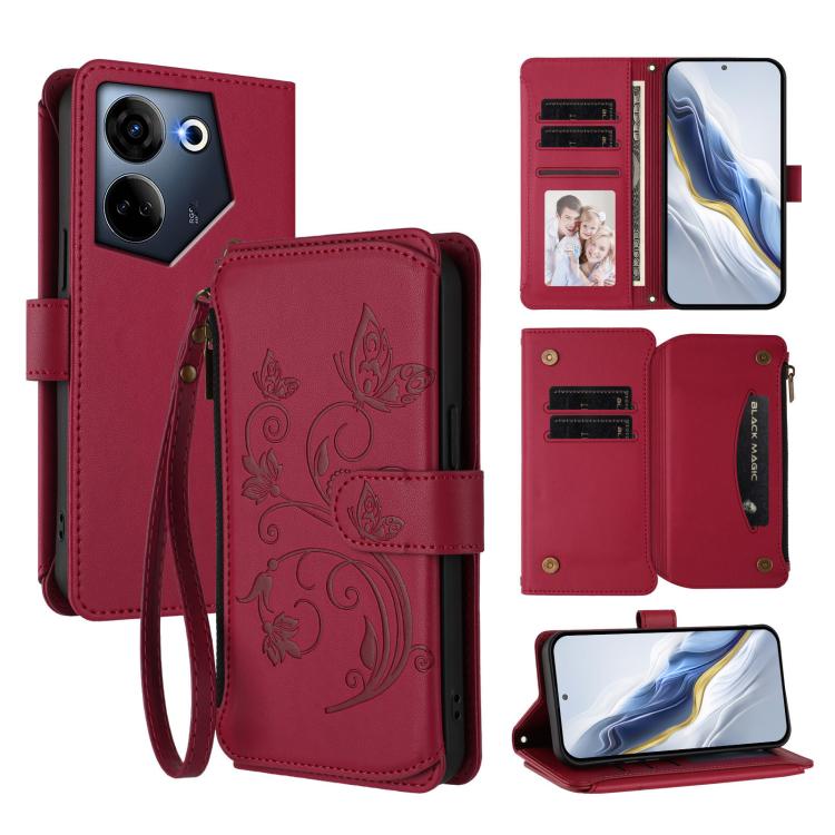 Butterfly Love Flower Multi-card Zipper Wallet Leather Phone Case, For Tecno Camon 30 4G / 5G, For Tecno Spark 20 Pro+ 4G, For Tecno Spark GO 2024 4G / 20 4G, For Tecno Pova 5 Pro 5G, For Tecno Pova Neo 3, For Tecno Pova 5, For Tecno Camon 20 Premier 5...