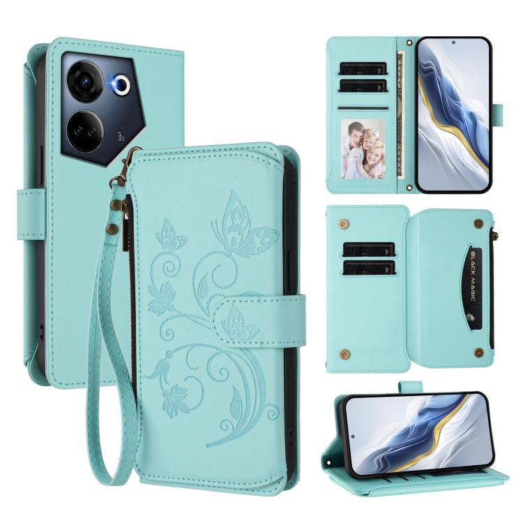 Butterfly Love Flower Multi-card Zipper Wallet Leather Phone Case, For Tecno Camon 30 4G / 5G, For Tecno Spark 20 Pro+ 4G, For Tecno Spark GO 2024 4G / 20 4G, For Tecno Pova 5 Pro 5G, For Tecno Pova Neo 3, For Tecno Pova 5, For Tecno Camon 20 Premier 5...