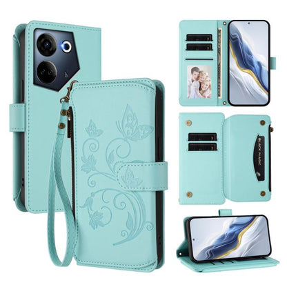 Butterfly Love Flower Multi-card Zipper Wallet Leather Phone Case, For Tecno Camon 30 4G / 5G, For Tecno Spark 20 Pro+ 4G, For Tecno Spark GO 2024 4G / 20 4G, For Tecno Pova 5 Pro 5G, For Tecno Pova Neo 3, For Tecno Pova 5, For Tecno Camon 20 Premier 5...