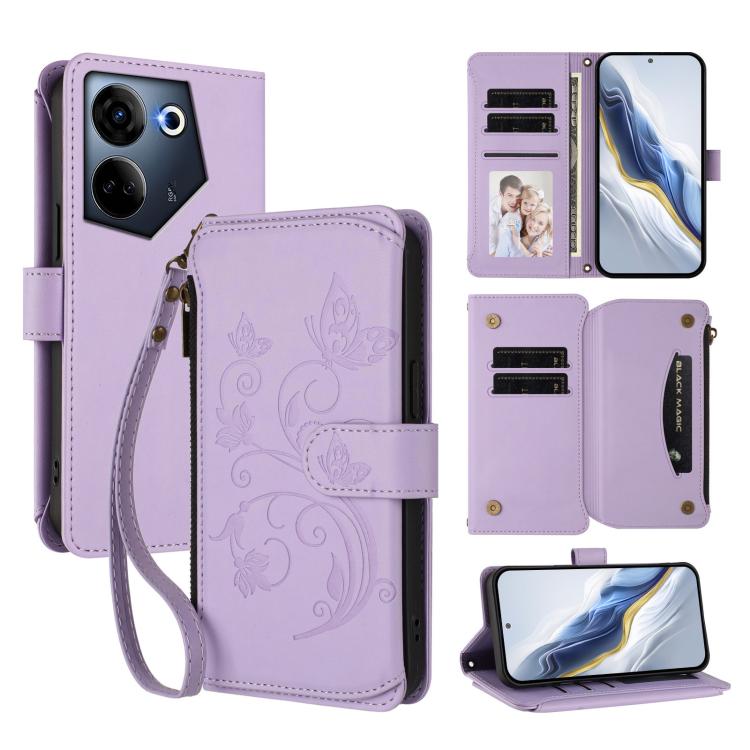Butterfly Love Flower Multi-card Zipper Wallet Leather Phone Case, For Tecno Camon 30 4G / 5G, For Tecno Spark 20 Pro+ 4G, For Tecno Spark GO 2024 4G / 20 4G, For Tecno Pova 5 Pro 5G, For Tecno Pova Neo 3, For Tecno Pova 5, For Tecno Camon 20 Premier 5...