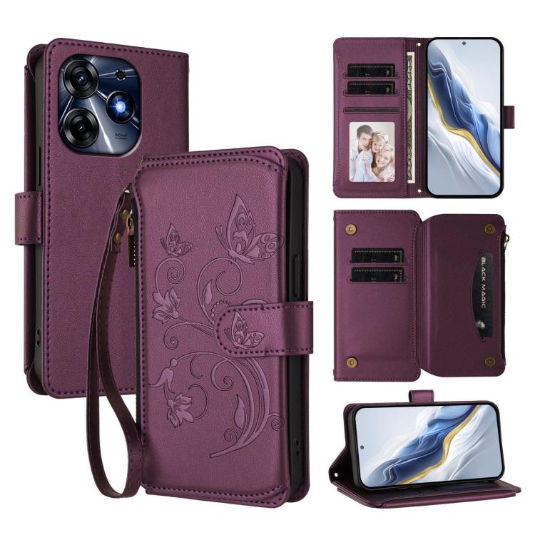 Butterfly Love Flower Multi-card Zipper Wallet Leather Phone Case, For Tecno Camon 30 4G / 5G, For Tecno Spark 20 Pro+ 4G, For Tecno Spark GO 2024 4G / 20 4G, For Tecno Pova 5 Pro 5G, For Tecno Pova Neo 3, For Tecno Pova 5, For Tecno Camon 20 Premier 5...