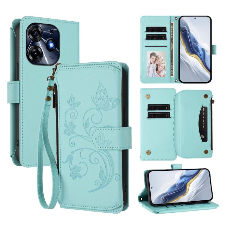 Butterfly Love Flower Multi-card Zipper Wallet Leather Phone Case, For Tecno Camon 30 4G / 5G, For Tecno Spark 20 Pro+ 4G, For Tecno Spark GO 2024 4G / 20 4G, For Tecno Pova 5 Pro 5G, For Tecno Pova Neo 3, For Tecno Pova 5, For Tecno Camon 20 Premier 5...