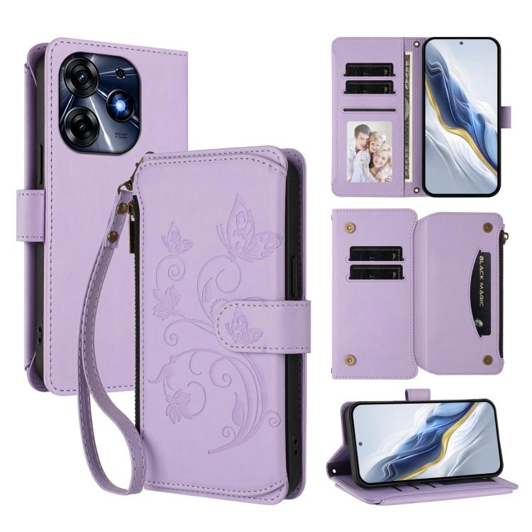 Butterfly Love Flower Multi-card Zipper Wallet Leather Phone Case, For Tecno Camon 30 4G / 5G, For Tecno Spark 20 Pro+ 4G, For Tecno Spark GO 2024 4G / 20 4G, For Tecno Pova 5 Pro 5G, For Tecno Pova Neo 3, For Tecno Pova 5, For Tecno Camon 20 Premier 5...