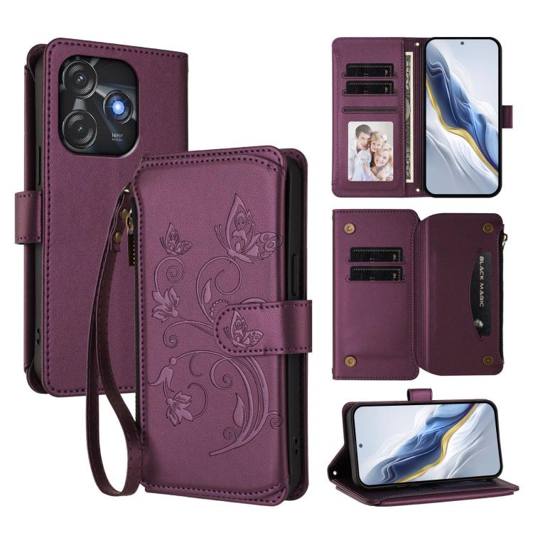 Butterfly Love Flower Multi-card Zipper Wallet Leather Phone Case, For Tecno Camon 30 4G / 5G, For Tecno Spark 20 Pro+ 4G, For Tecno Spark GO 2024 4G / 20 4G, For Tecno Pova 5 Pro 5G, For Tecno Pova Neo 3, For Tecno Pova 5, For Tecno Camon 20 Premier 5...